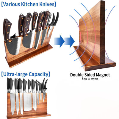 Très grand porte-couteaux magnétique en bois d'acacia avec porte-couteaux et porte-outils