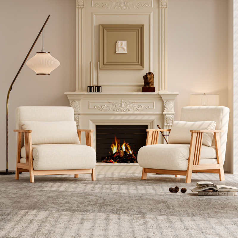 Convertible Sofa Chairs Set of 2, 34.6'' Beige Linen Upholstered Accent Chair With Solid Wood Frame, Modern Indoor Sofa Chaise Bed Lounge Chair for Living Room