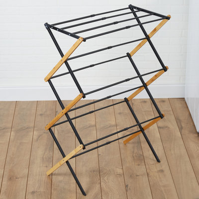  3 Tier Expandable Bamboo Drying Rack | Collapsible Clothes Drying Rack | Space Saving Laundry Rack | Indoor Outdoor Air Drying Stand