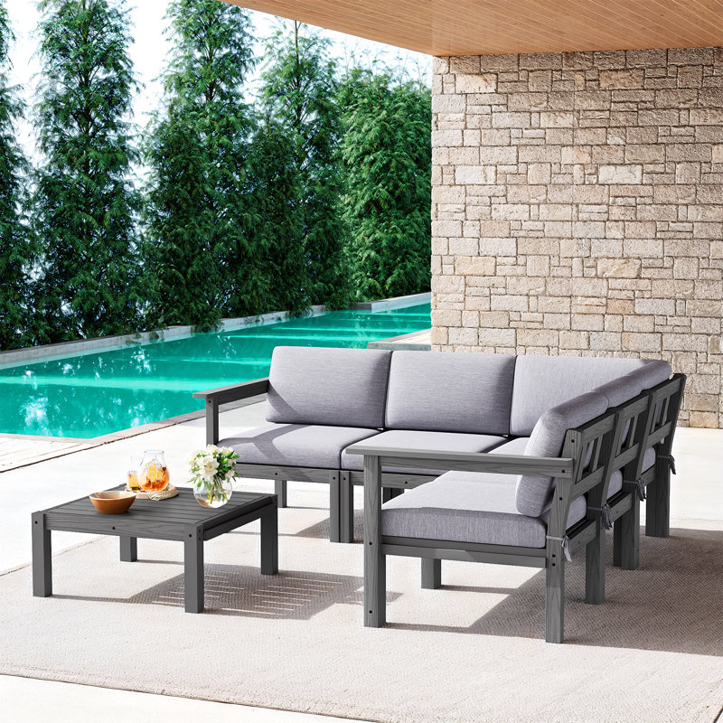 5 - Person Modular Patio Conversation Set with Cushions, 6-Piece Outdoor All-Weather Waterproof HIPS Sofa Seating Group, Gray