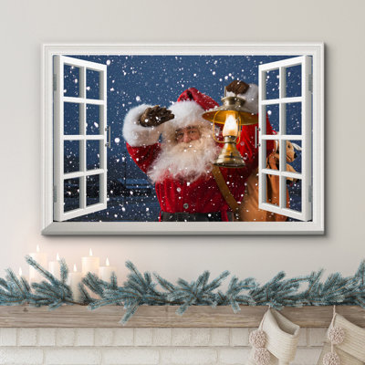 Christmas Holiday Celebration Santa Claus Carrying Gifts Coming on Eve from the Window- Wrapped Canvas Photograph Print