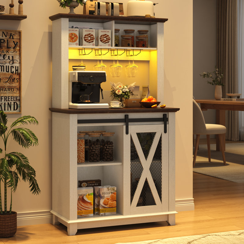 31.5"W Farmhouse Coffee Bar Cabinet With Wine Rack And Storage Hutch, Wine Bar Cabinet With Led Light, Kitchen Buffet Cabinet W/sliding Barn Door For Kitchen Dining Room