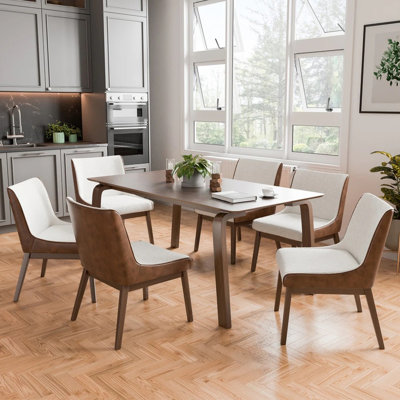  Rectangular Wooden Dining Set With Padded Seats In Walnut And Beige