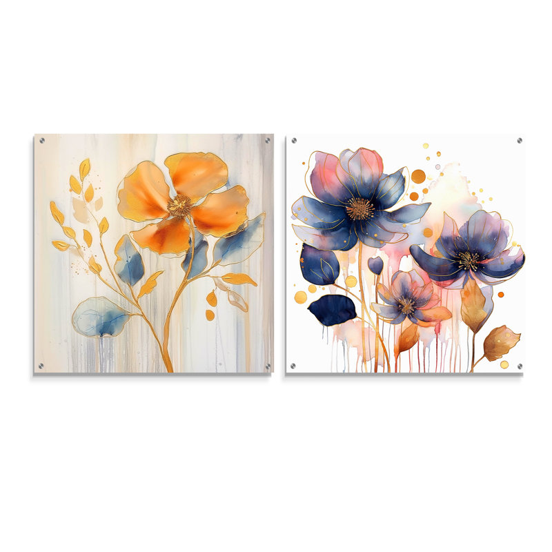 Blooms bleu et beige harmonieux - ensemble abstrait d'art mural en verre acrylique sur 2, H 16 po x l 33 po