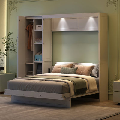 Full Size Bed, White, Shelves, Wardrobe And Led Lights, Suitable For Multi - Use Rooms, Easy To In Small , Flexible Mattress Support