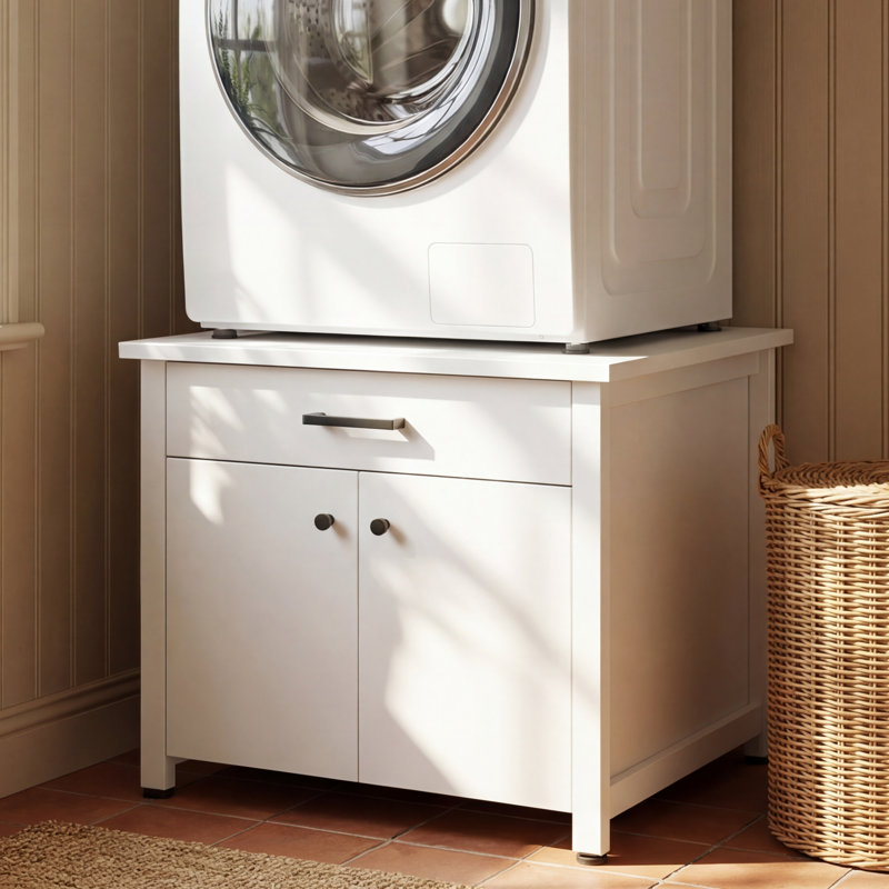 Universal Laundry Pedestal With Storage Drawer & Cabinet, Heavy-Duty Iron Frame Washer And Dryer Stand, Adjustable Feet