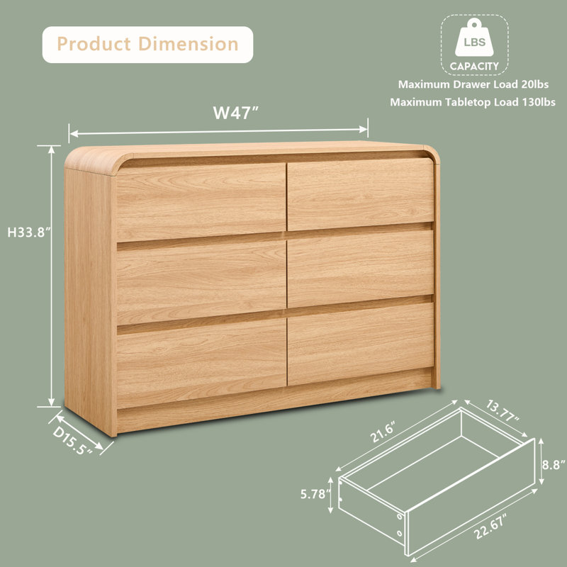 Maud Modern Drawers Dresser for Bedroom, Wide Wood Dressers & Chests of Drawers w/Curved Profile Design, Natural