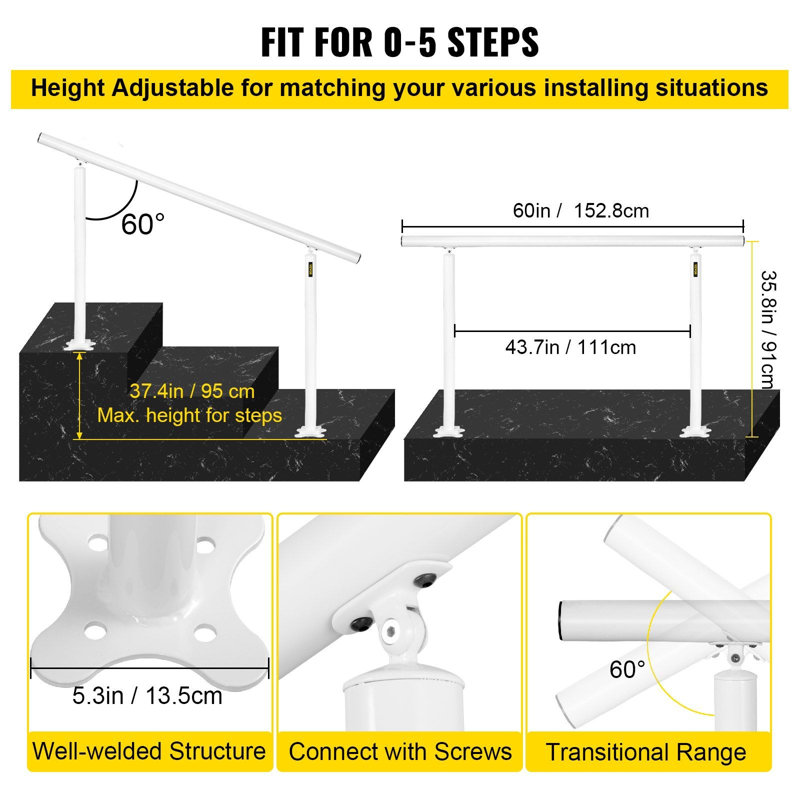Rampe d'escalier réglable 5 pi 0-5 marches, aluminium, 1 pièce, blanc, H 6,7 po x l 64,18 po x P 6,7 po, Blanc