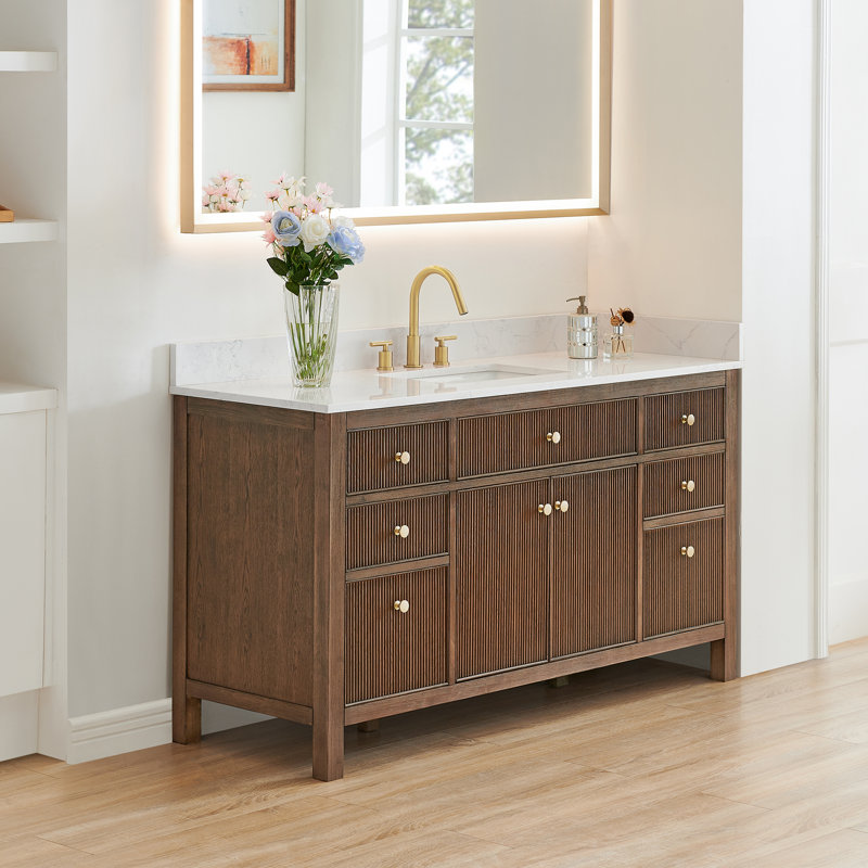 Meuble-lavabo simple 60 po avec miroir Lala, Chêne brun brossé