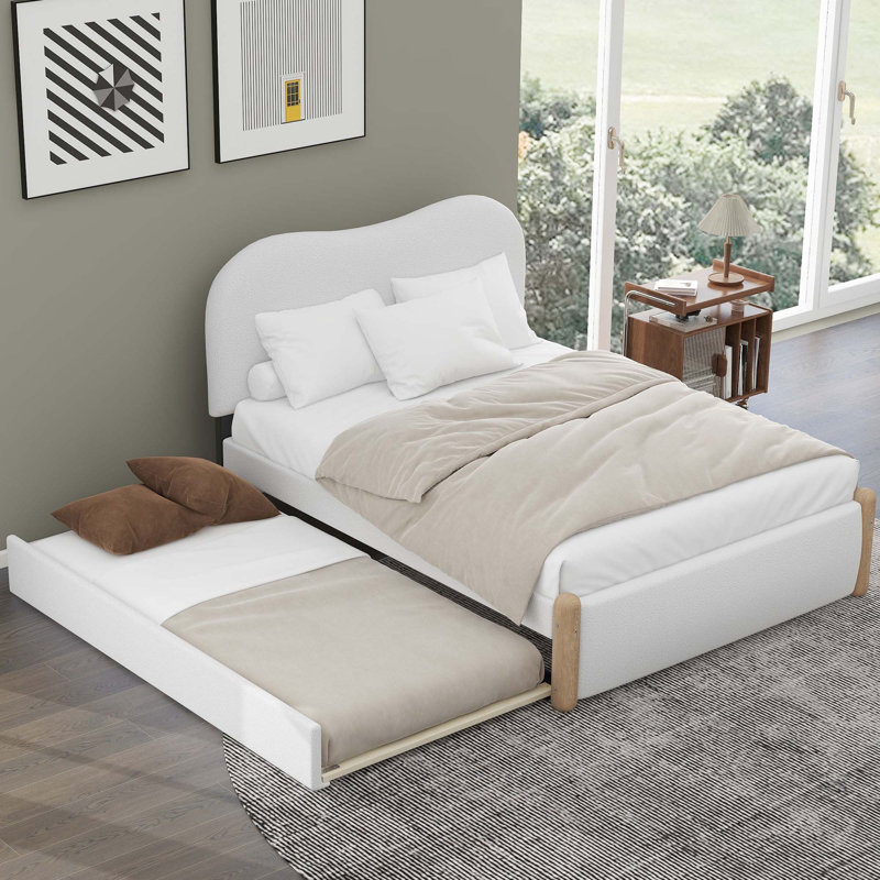 Lit plateforme double rembourré pleine grandeur avec pieds de support en bois et lit gigogne simple, Blanc, Lit double