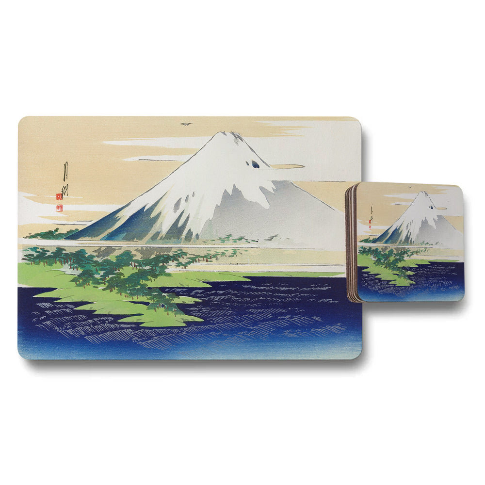 Fuji Mountain Landscape Placemats And Coaster Set With Japanese Style