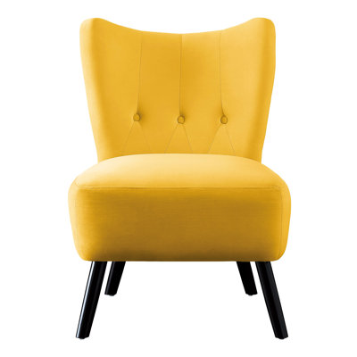 Chaise rembourrée en velours jaune avec repose-pieds teint en bois brun
