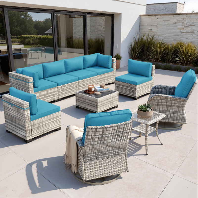 Ensemble de conversation modulaire en osier 10 pièces avec chaises berçantes pivotantes, table basse et table d'appoint, ensemble de conversation pour patio toutes saisons
