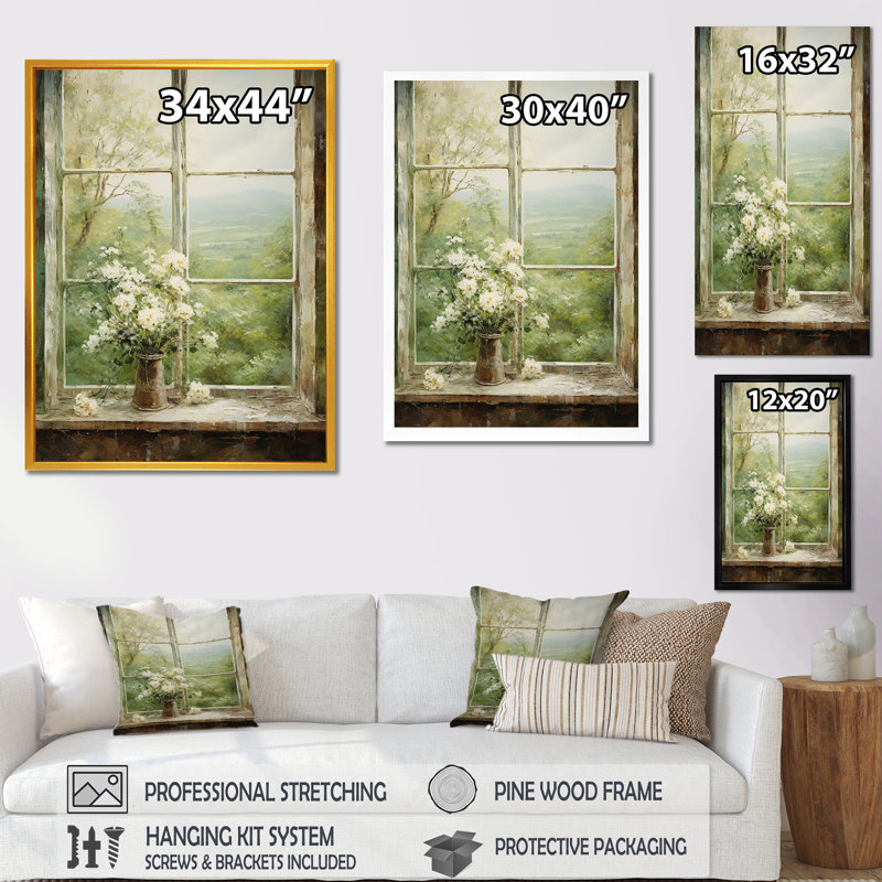 «Countryside Calm Blooms Farm Windows II - Farmhouse Windows», art mural, Toile tendue, H 32 po x l 24 po x P 1 po
