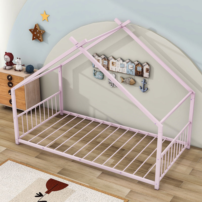 Lit plateforme avec tête de lit en métal Alaye, Rose, Double