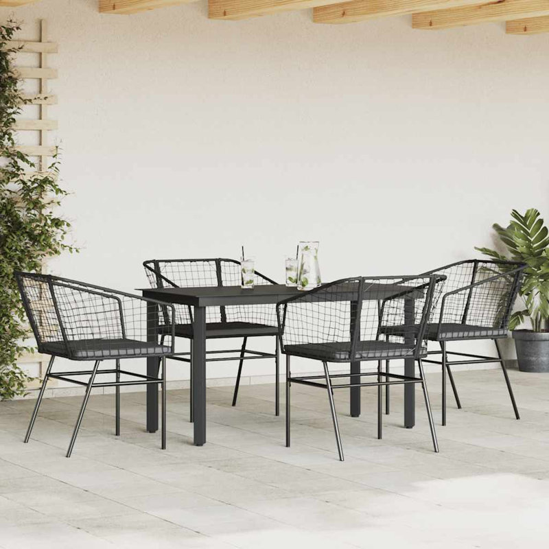 Ensemble repas de patio avec coussins en verre et poly rotin, Noir / Noir, H 29,1 po x l 27,6 po x L 55,1 po, 4