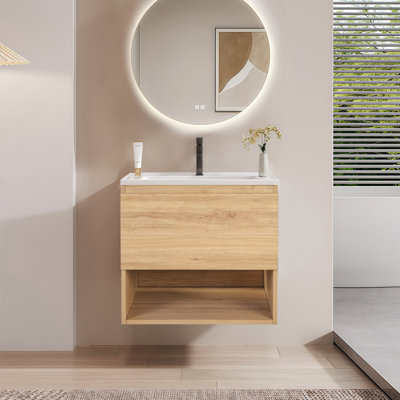 Modern  24 ″& 30 ″ Wall-Mounted Single-Basin Vanity Sets, Featuring Countertop Sinks And Soft-Close Drawers With Open Storage