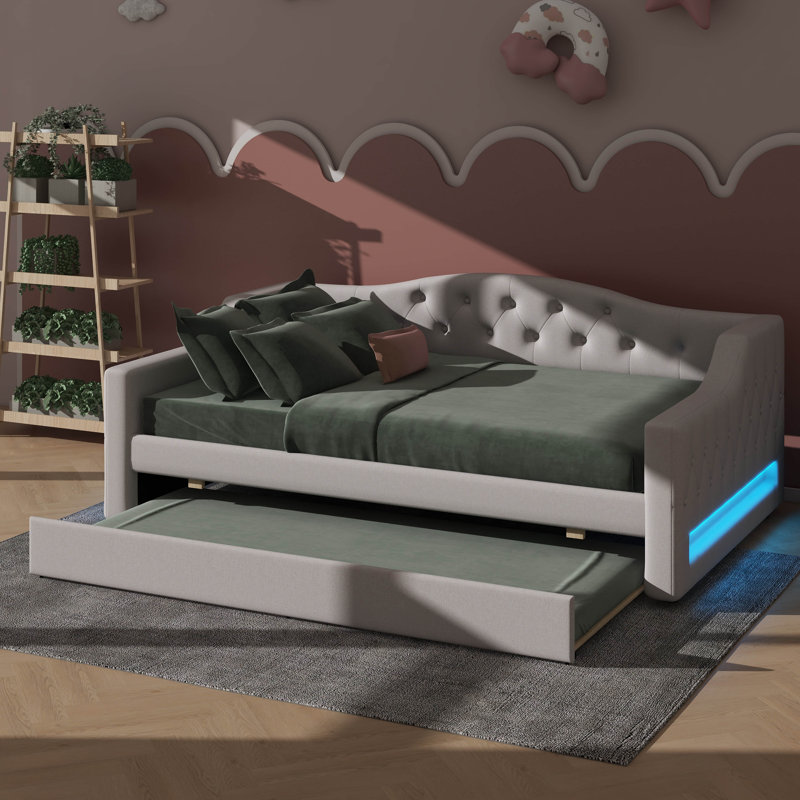 Full XL Daybed Boasting Integrated LED Lighting And A Pull-Out Trundle, Beige