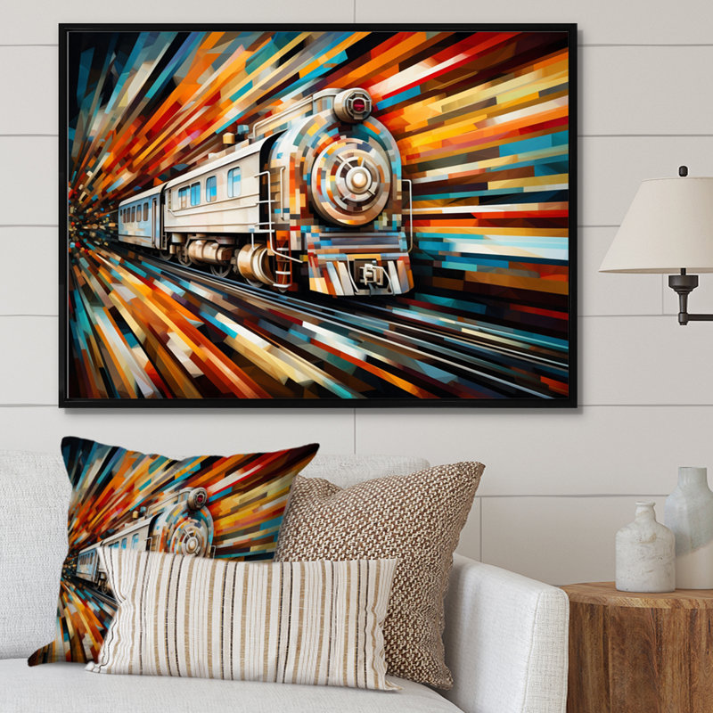 Abstract Train Geometric Express I - Transportation Wall Decor, H 34 po x l 44 po x P 1,5 po, Cadre flottant noir