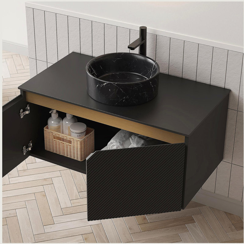 RUBEN 36" Bathroom Vanity&Sink, Wall-Mounted Floating Plywood Storage Cabinet, Twill Double Doors with Metal Trim, Black Round Ceramic Vessel Basin with Stone Pattern&Black Sintered Stone Top, Black