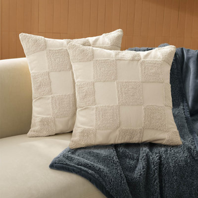 Double Stitch 100% Cotton Throw Pillow Covers - Set of 2 Checkered Tufted Boho Decorative Pillow Covers 20x20, Made in India, Square Cushion Case, Modern Home Decor for Couch, Sofa