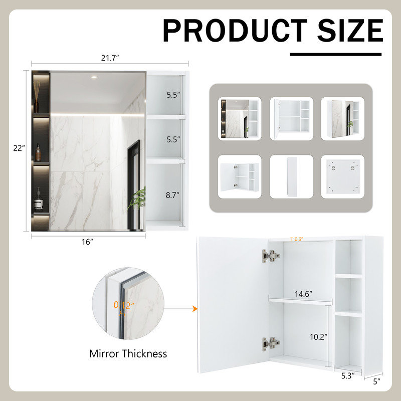 Multi-Function Wood Grain Mirror Cabinet with Storage, Space-Saving Wall-Mounted Design, White