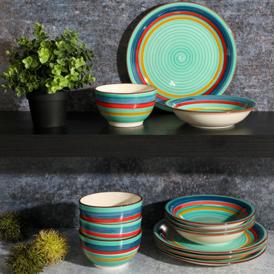Gibson Home Rainbow 12 Piece Hand-Painted Stoneware Dinnerware Set - Blue