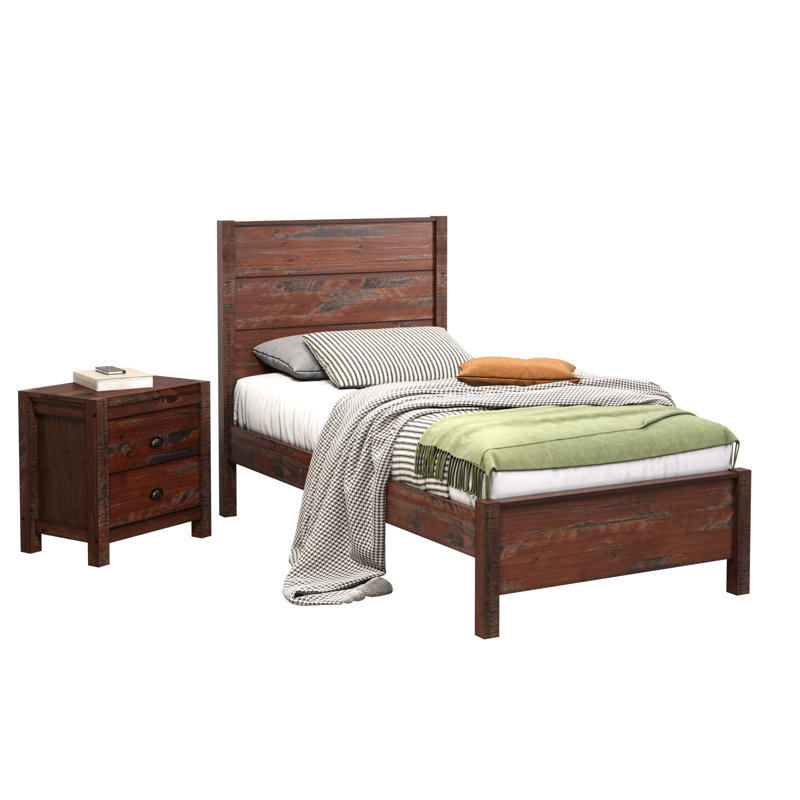 Hibir Farmhouse Set Of 2 Items For Bedroom, One Twin Bed And One Nightstand With 2 Drawers Wood Rustic Style, Twin
