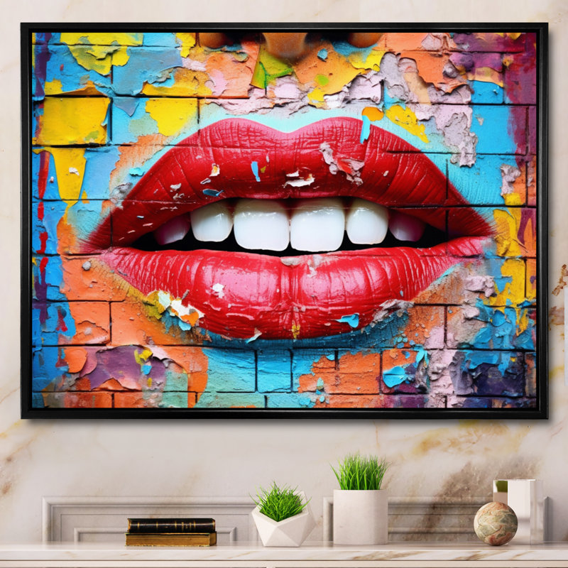 Graffiti sur les lèvres, reproduction sur toile, Cadre flottant noir, H 12 po x l 20 po x P 1 po