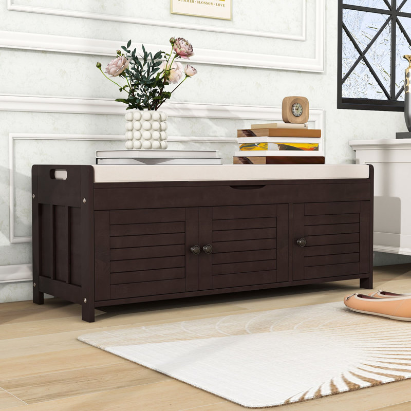 Linen Blend Upholstered Storage Bench, Espresso