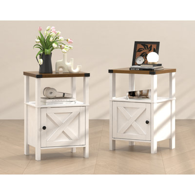Set of 2 Farmhouse Nightstands, Sofa Side End Table with Storage, Wood Bedside Table with Barn Door for Bedroom Living Room Rustic Vintage White