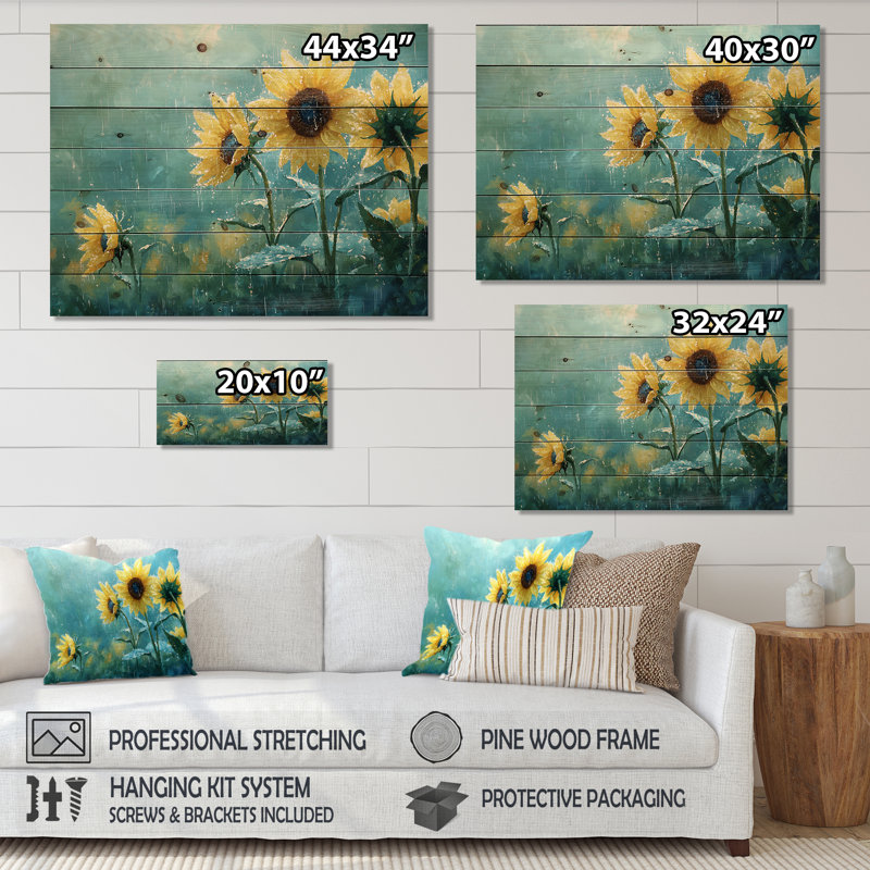 Pluie de tournesols lavés à la pluie II - Décoration murale en bois de tournesols - sur bois de pin naturel