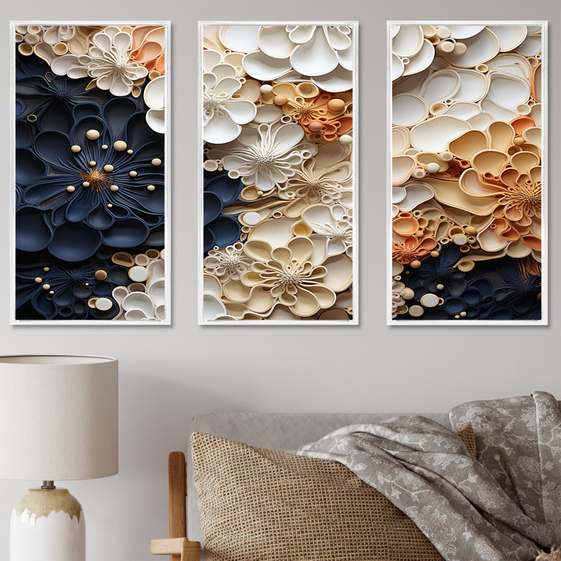 Ensemble de salon mural art corail blanc et bleu corail II, H 40 po x l 60 po x P 1 po, Cadre flottant blanc