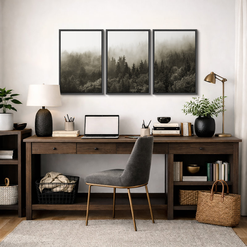 Misty Forest Landscape "Nature Pine Tree Artwork, Modern Woodland Nursery Wall Decor, Large Framed Canvas Giclee Print 3 Pieces Wall Art Set"  16x24x3 pcs, 24x36x3 pcs 