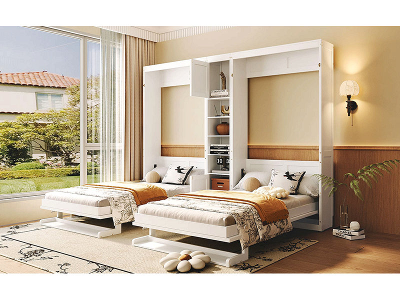 Lits simples escamotables doubles avec armoires et tablettes, Blanc