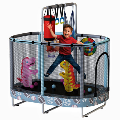 Trampoline ovale pour enfants de 60 po, trampoline pour tout-petits d'intérieur et d'extérieur de 5 pi avec enceinte sécuritaire, barre de gymnastique ajustable, balançoire et jouets pour les 1-8 ans