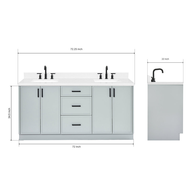ARIEL Kelly 73 Double Sink Bathroom Vanity with Pure Quartz Top, Gray, Rectangular, Carrara White Quartz
