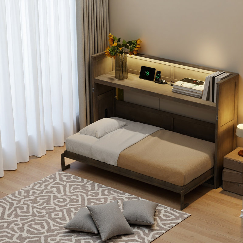 Perica Twin XL Farmhouse Murphy Bed With Desk And USB Charging, Gray Wash