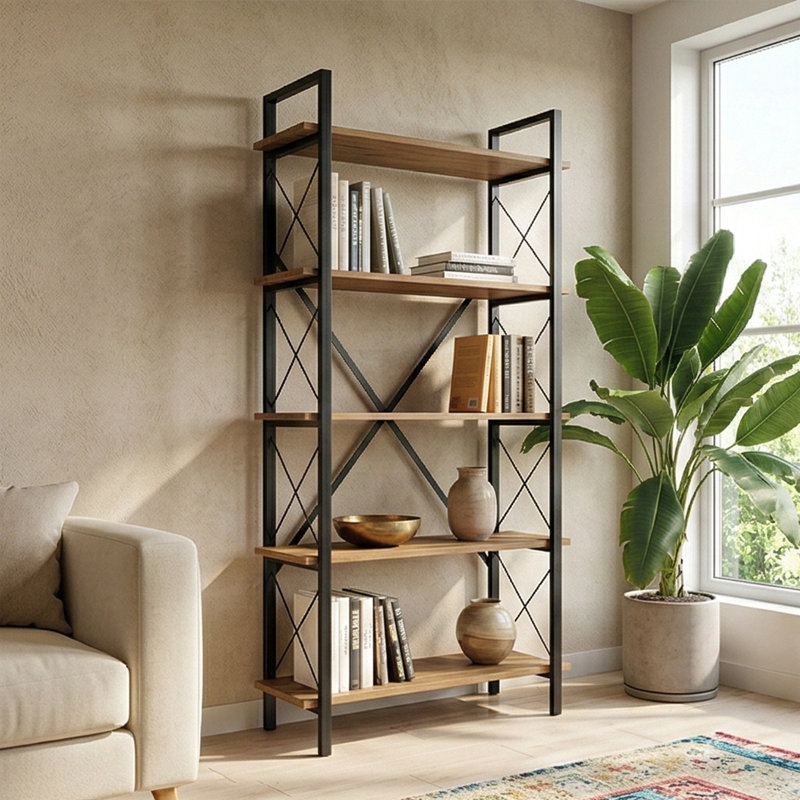 Bibliothèque étagère à 5 niveaux Urban Loft, Noir / bois de pin atlantique