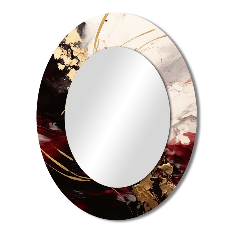 Or et rouge Flusion Fusion I - grand miroir mural ovale sur métal, 43 po x 33 po