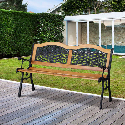 Banc de siège d'extérieur en bois 50 po, métal, confortable pour la cour, la terrasse, la pelouse, le bord de la piscine, banc de patio de style antique avec siège en bois, jardin, porche, piscine extérieure, aspect naturel