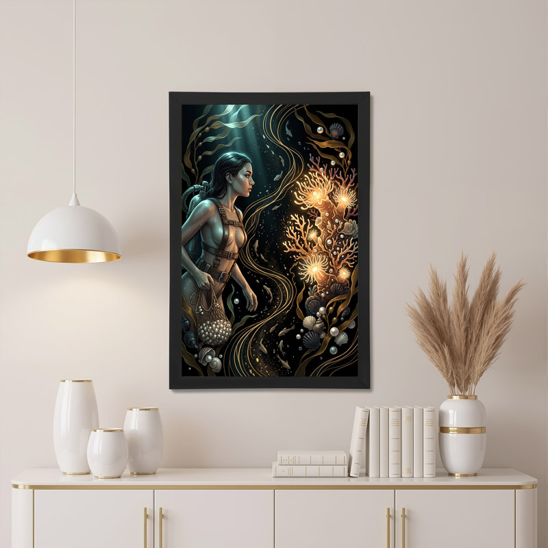 Plongée sous-marine tenant un filet de perles à côté d'une toile de corail rougeoyante, H 30 po x l 20 po