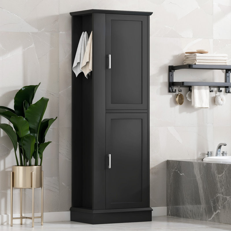 Grande armoire de rangement pour salle de bain avec crochet et tablette réglable, Noir