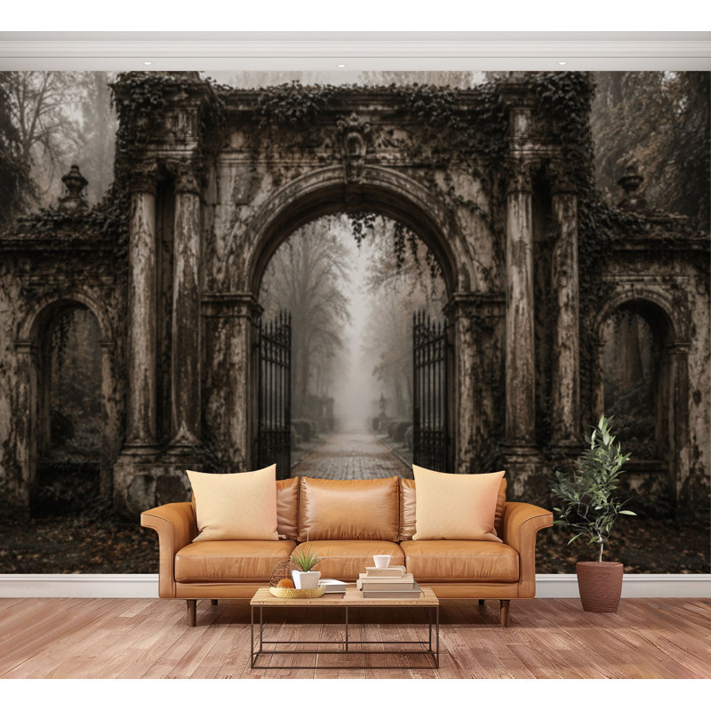 Papier peint auto-adhésif Mystical Overgrown Stone Archway Open Iron Foggy Landscape, 144" L x 100" W