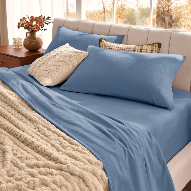 Organic 100% Cotton Flannel Sheet Set, Queen Sheet Set with 2 Pillowcases, Coronet Blue