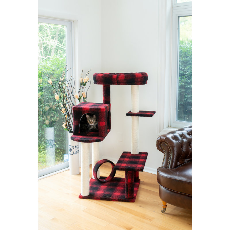 50-Inch Red and Black Plaid Sisal Cat Tree with Lounger