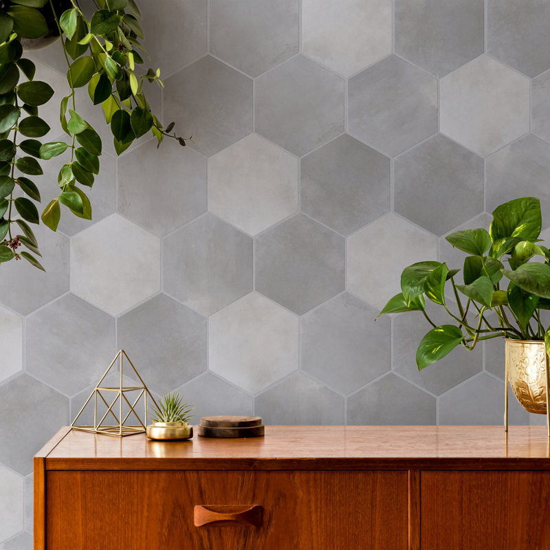 Hex industrielle de 8 1/2 po X 9-7 / 8 po Carreau en porcelaine d'aspect moderne, Argent