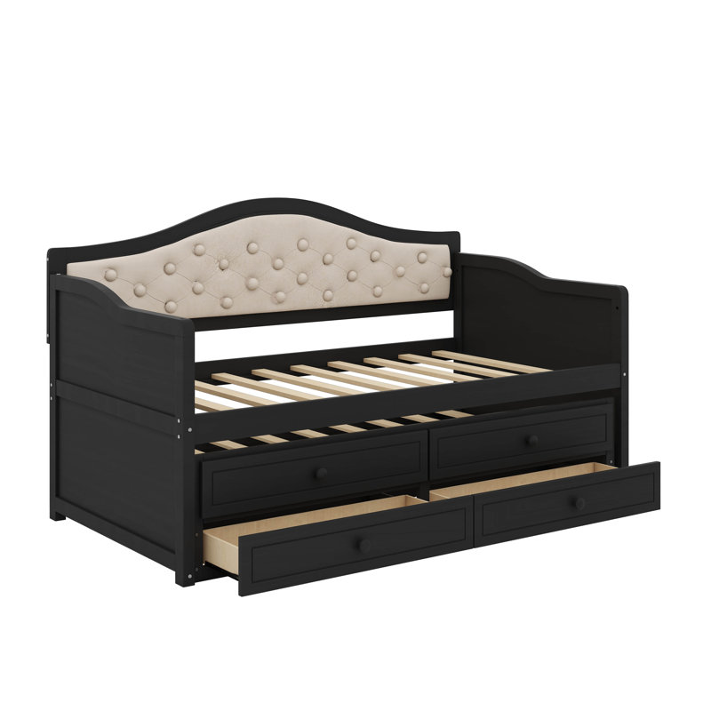 Twin Daybed With Trundle, Twin Size Daybed With 2 Storage Drawers, Black