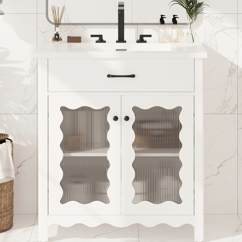 Meuble-lavabo de 31 po avec faux tiroir, verre à rayures verticales et pieds en bois d'hévéa pour un tiroir fonctionnel de 31 po, surface à griffes et fermeture en douceur
