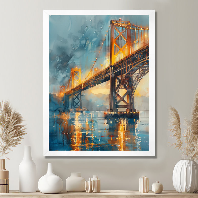 Reproduction d'art murale jaune et gris, Cadre simple blanc, H 34 po x l 44 po